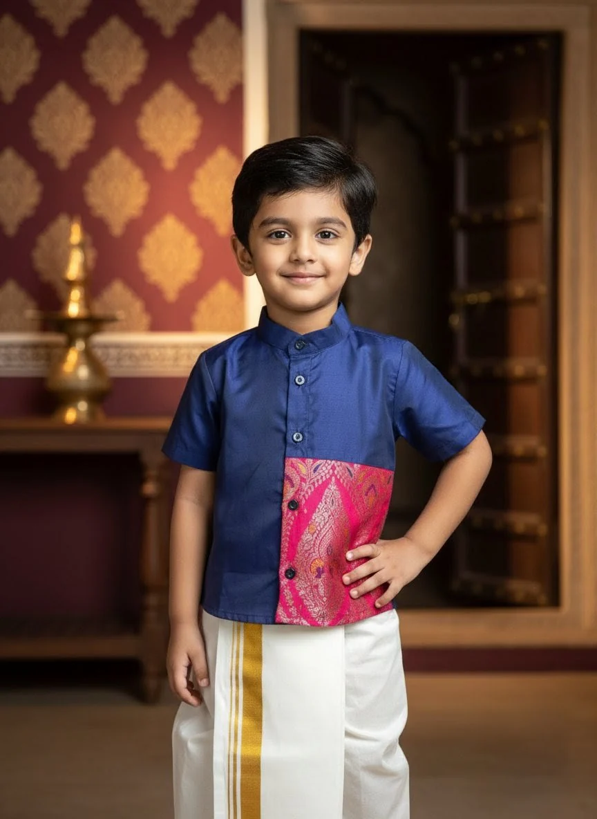 Navy Pink Kurta Shirt & Vesti Set